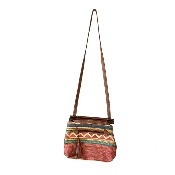Vintage Boho Southwestern Textile Purse with Leather Trim Convertible Strap